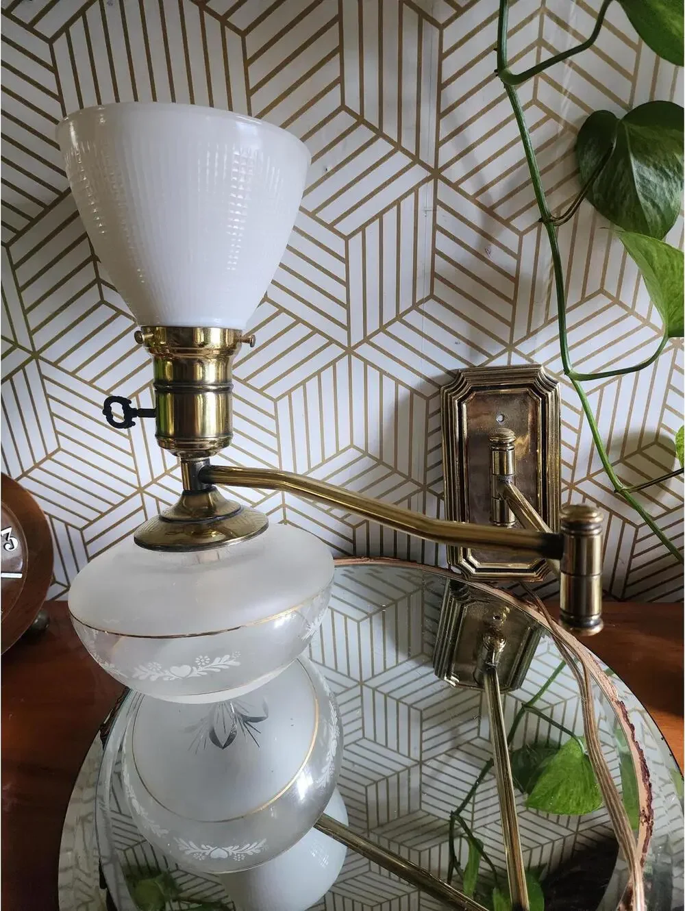 Vintage Brass and Etched Glass Swing Arm Wall 2 Way Lamp